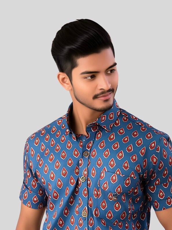 Men’s classic blue organic cotton shirt with red ace print, lightweight hand-block printed