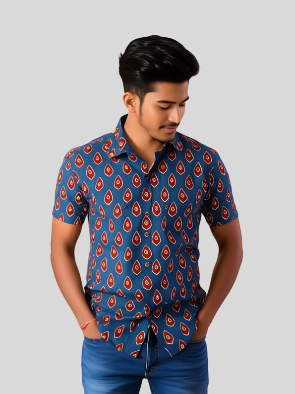 organic cotton shirt with red ace print, lightweight hand-block printed