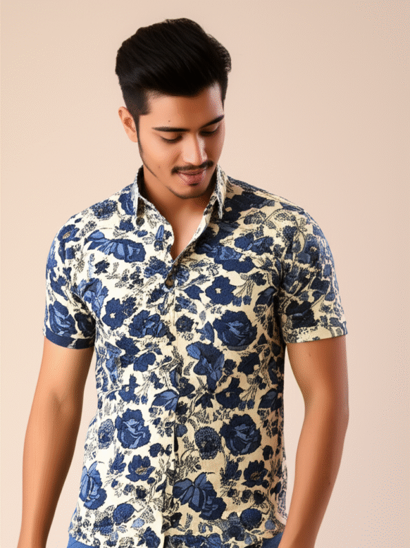 Off-white organic cotton shirt with soft blue petal print, lightweight hand-block printed design for chic and serene everyday style