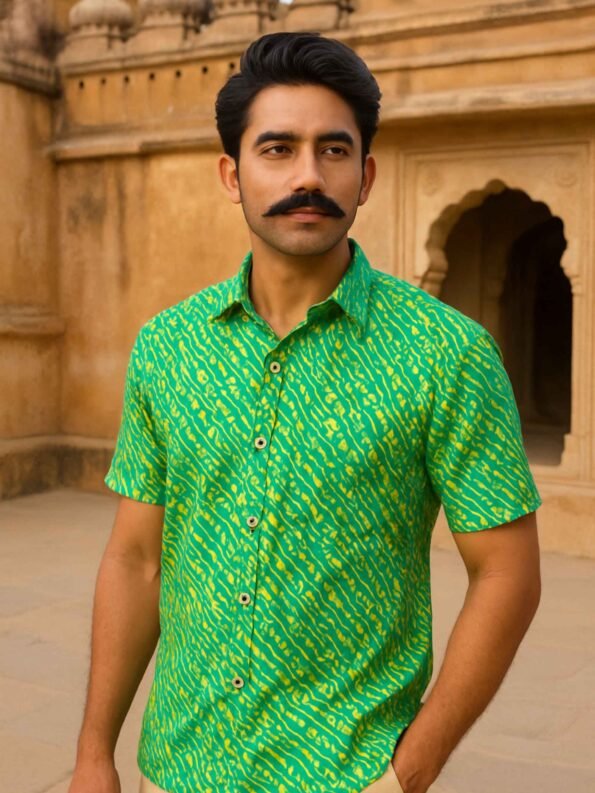 Front view of green organic cotton shirt with hand-printed foliage design, worn by male model