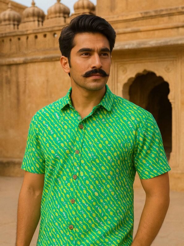 Side profile of model wearing green foliage-print organic cotton shirt, breathable and handcrafted